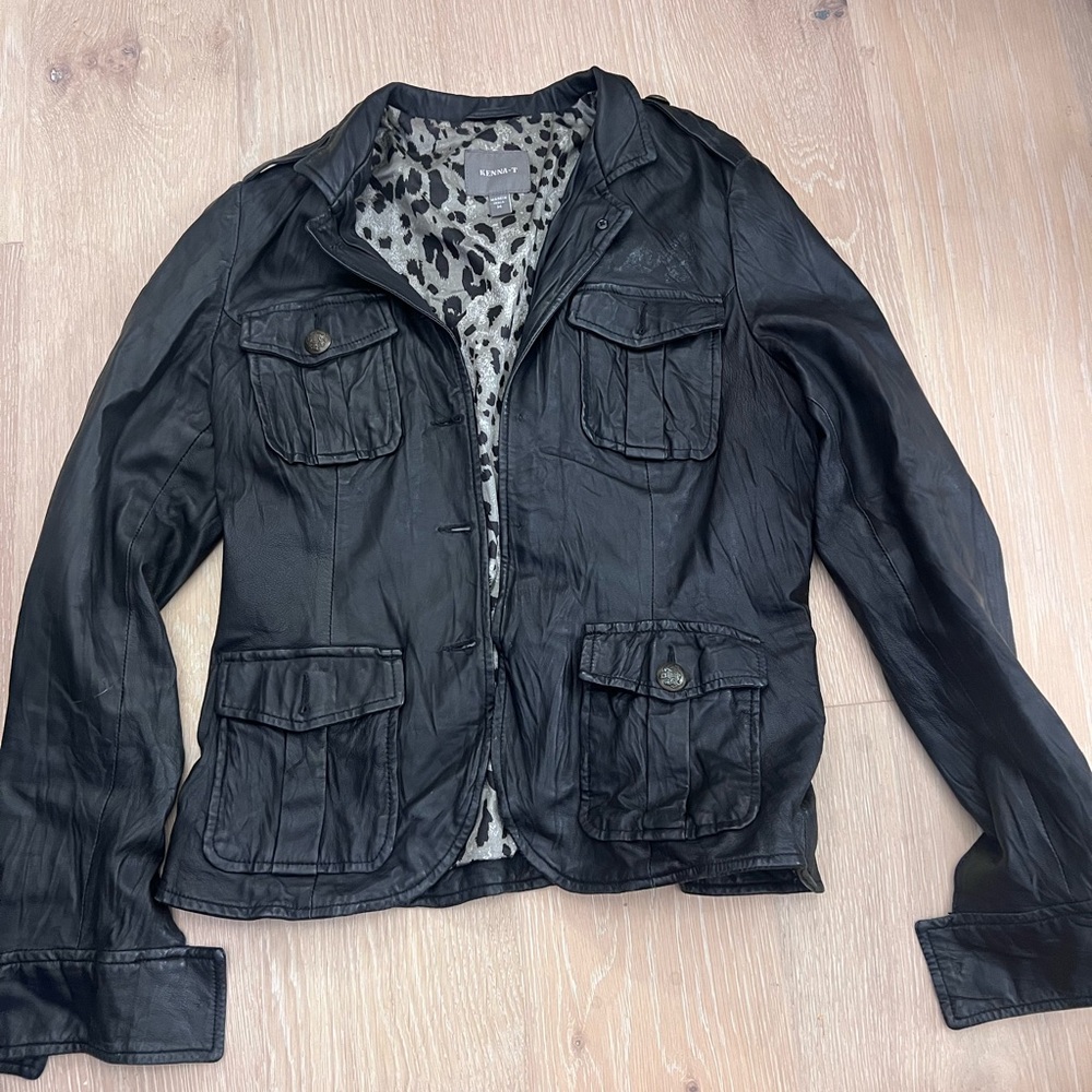 Black Leather Jacket with Animal Print Lining